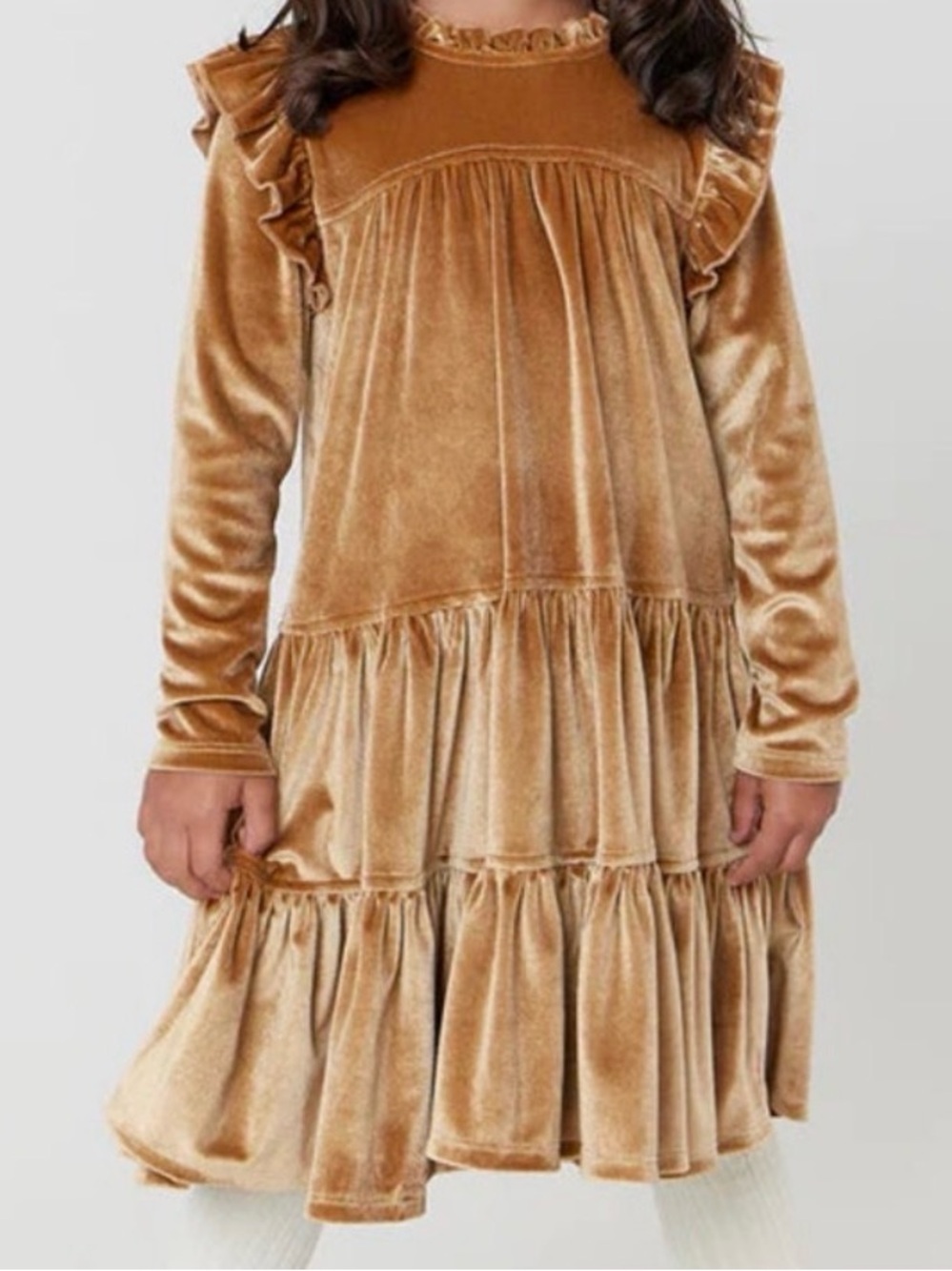 Pink Chicken girls dress Velvet Ruffle Tiered Dress in Camel